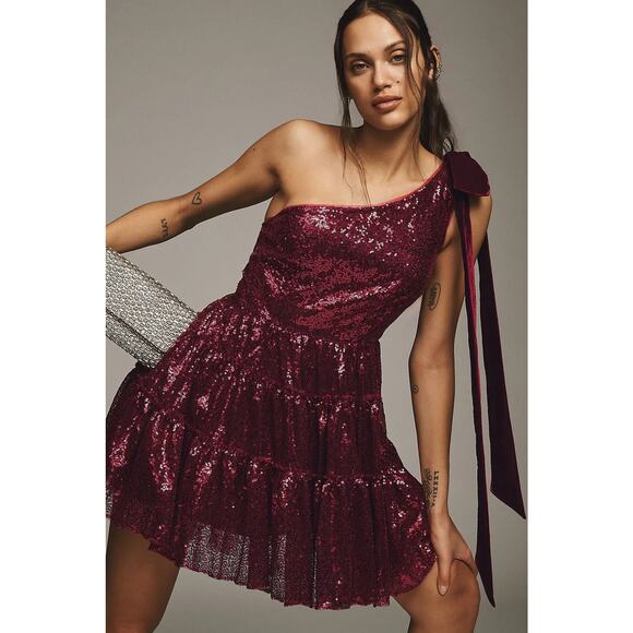 NEW Anthropologie Geisha Designs One Shoulder Burgundy Sequin Mini Dress Size 4 - Picture 1 of 11